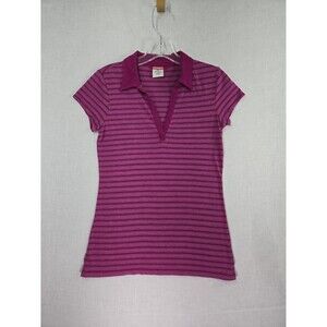 Y2K Union Bay V-Neck Collared Shirt Striped Top Cap Sleeve Purple Pink Women Med
